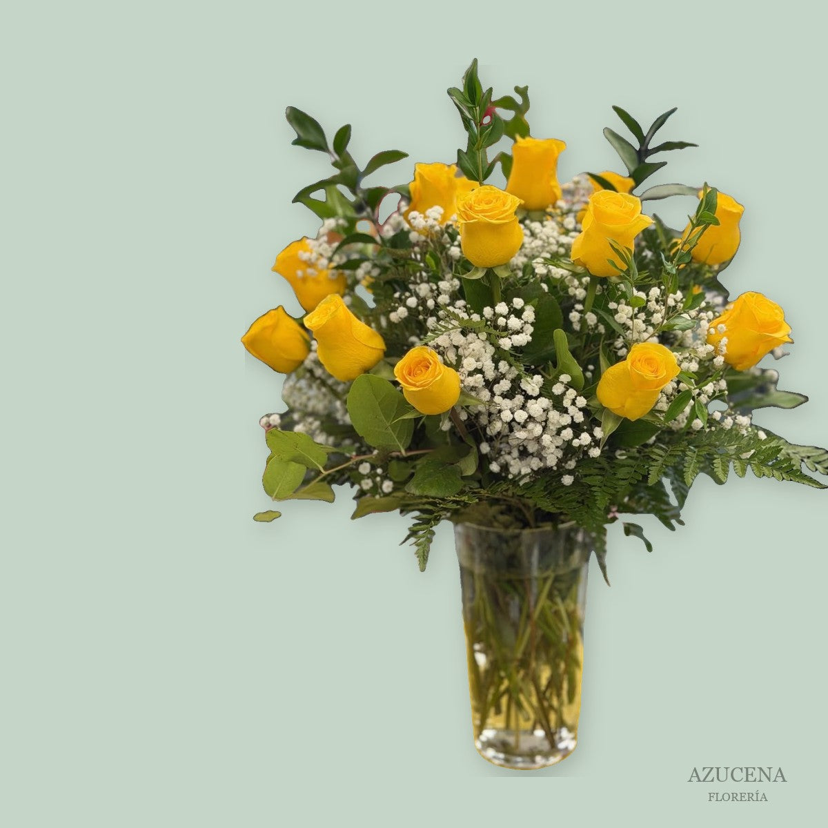 Florero con Rosas Amarillas y Gipsofilia — Azucena Florería