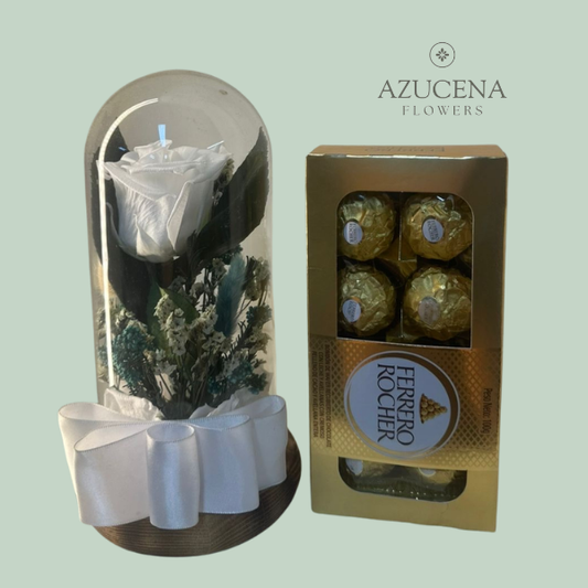 Rosa Preservada Blanca + Bombones — Azucena Florería