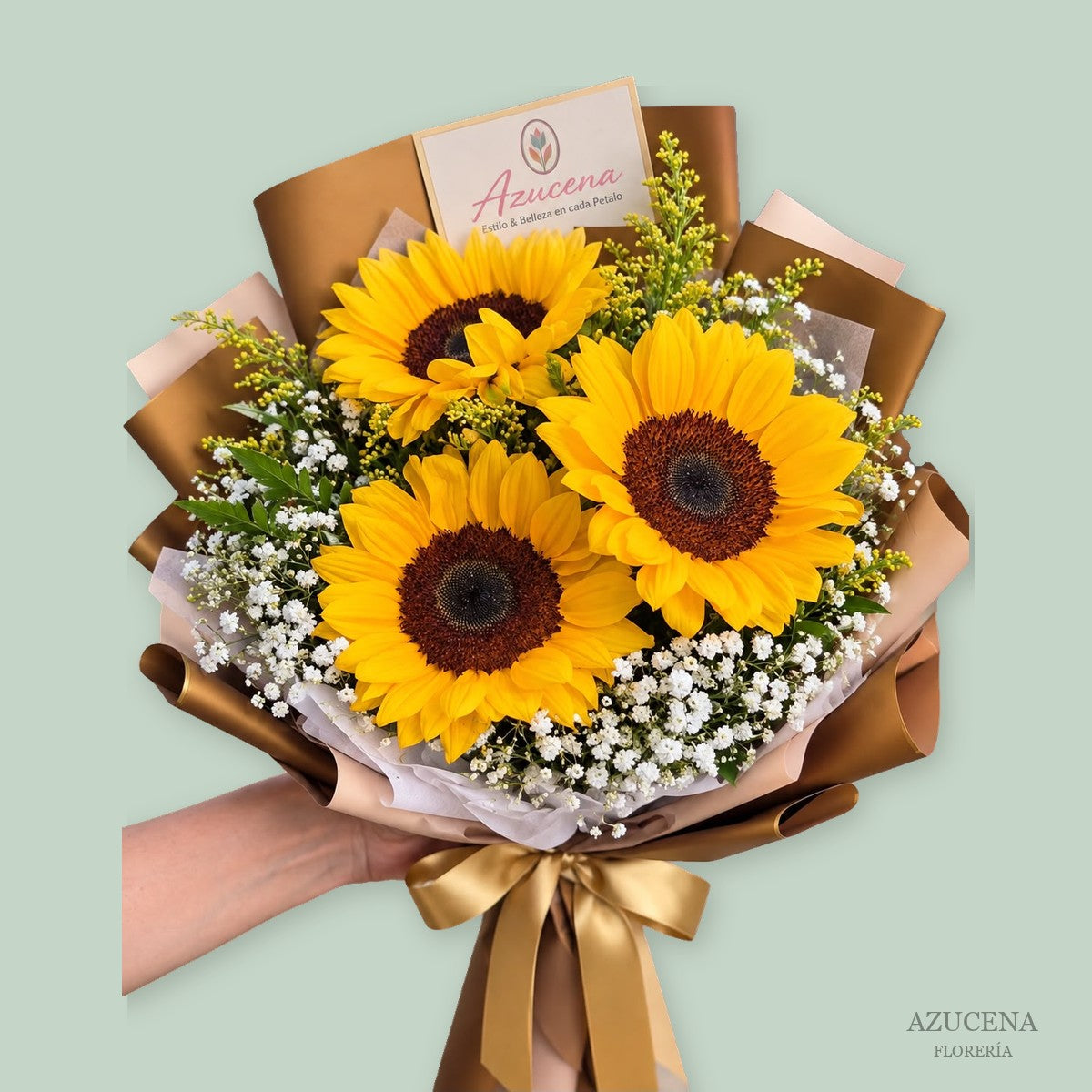 Ramo de 3 Girasoles con Gipsofilia — Azucena Florería