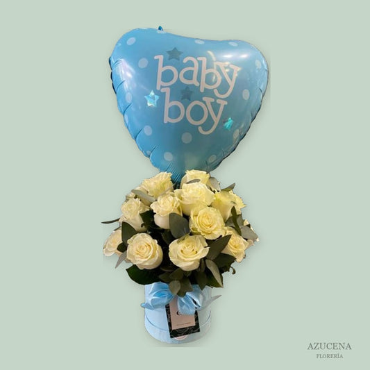 Nacimiento Niño con Rosas Blancas y Globo — Azucena Florería