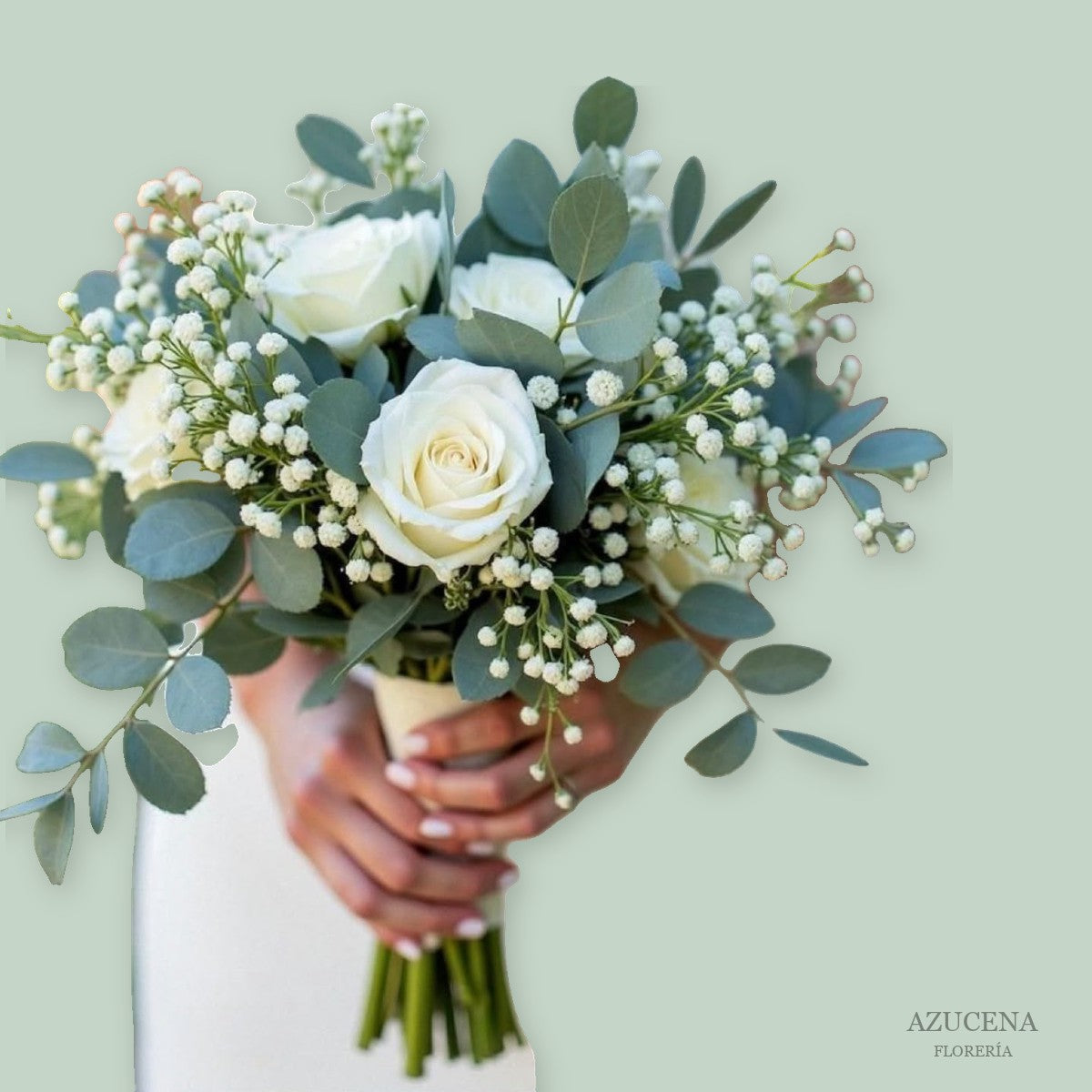 Ramo de Novia de Rosas Blancas y Eucalipto — Azucena Florería